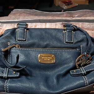 Michael Kors Dark Blue Leather Shoulder Bag with Gold Accents